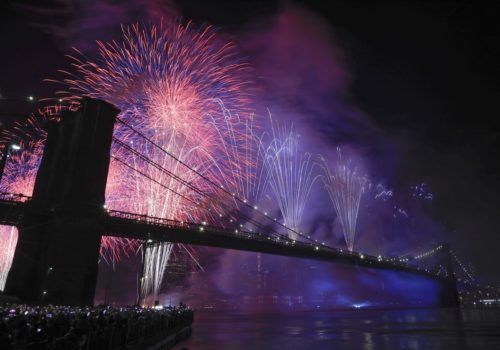 Fireworks light up the sky above the Brooklyn Bridge during Macy's Fourth of July fireworks show Thursday, July 4, 2019, in New York. (AP Photo/Frank Franklin II)
